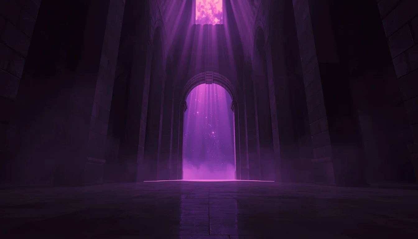 A cinematic archway opening onto a violet-lit horizon — the Arkancia thesis.
